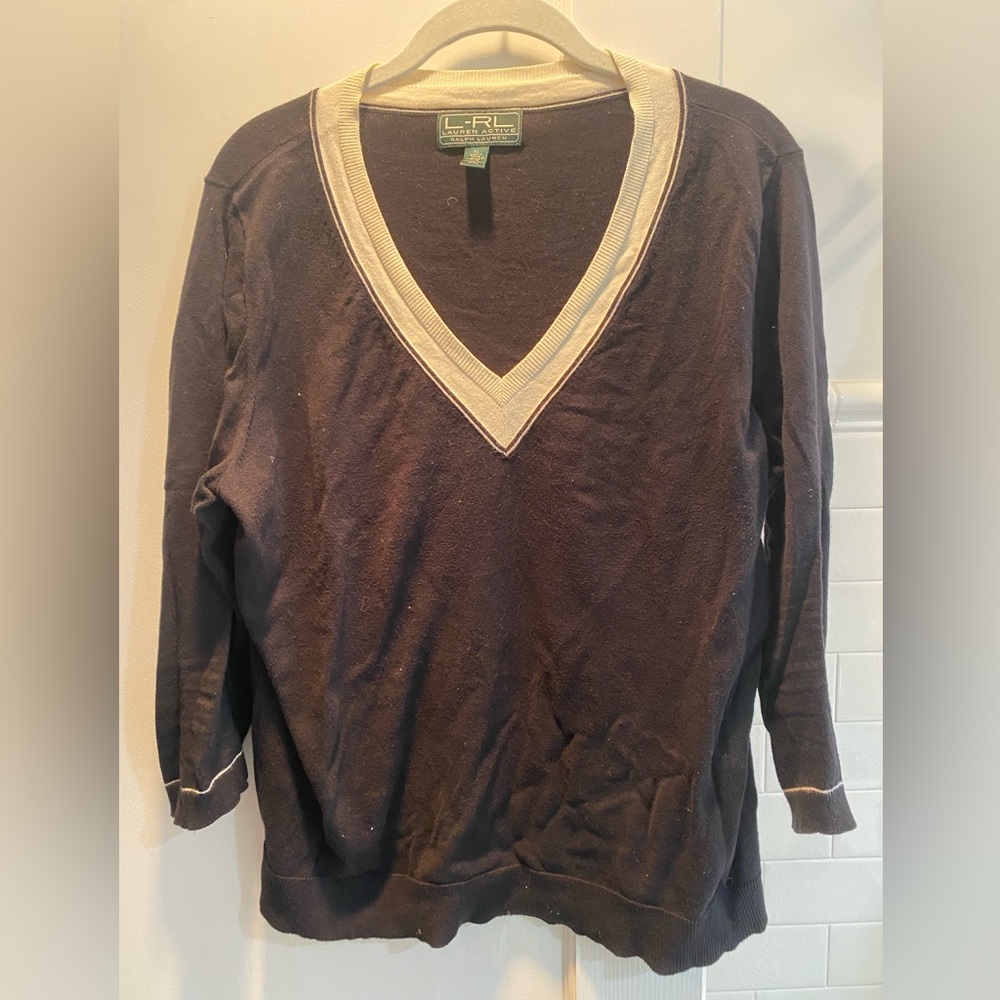 RLR Ralph Lauren- V-Neck Sweater with Tipping 3/4 Sleeve, Black/Cream, Size XL